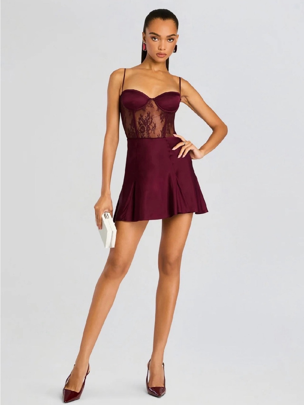 Retrofete Wine Lace Bodice Satin Mini Slip dress